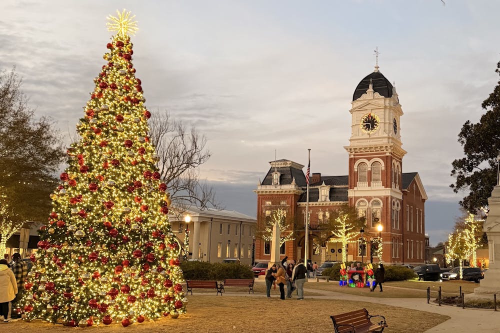 A Christmas tree stands across from Covington, Ga.'s City Hall.