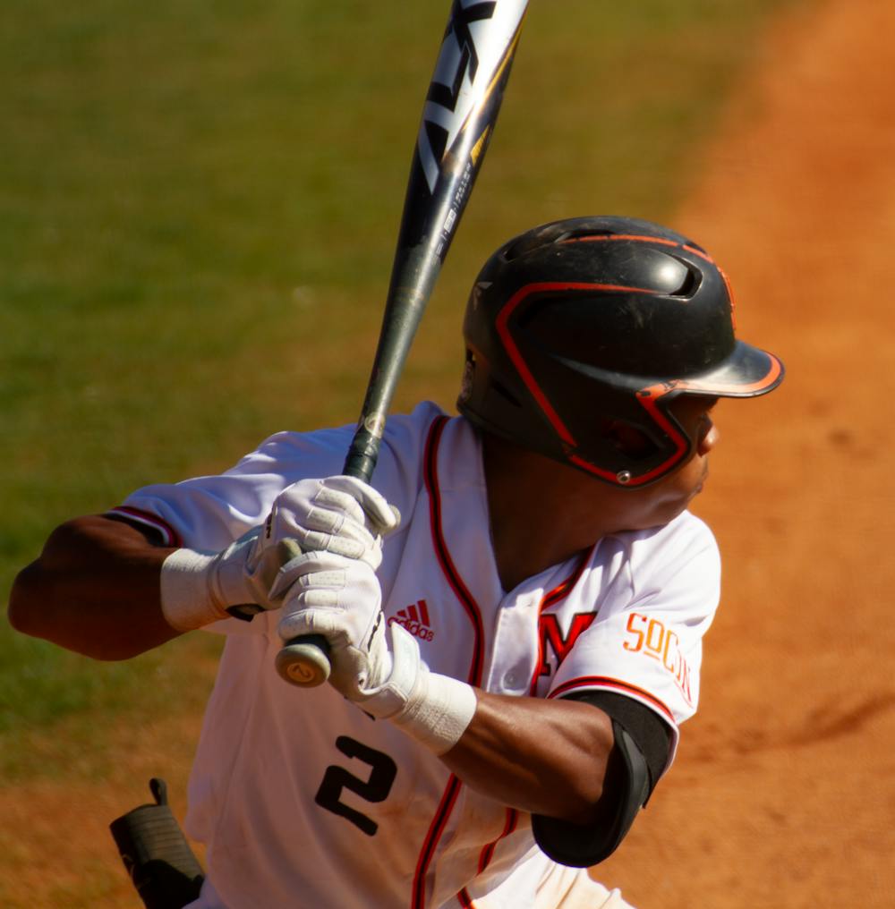 Bears' player Antonio Brown loading up to swing in Mercer's game against Saint Peter's Univeristy. The Bears went on to sweep the series. Credit: Noah Grant