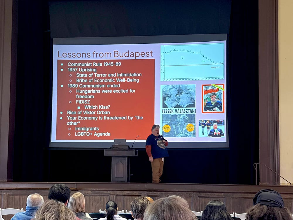 Chris Grant, chair of Mercer's political science department, speaks at a teach-in event on Friday, Feb. 6, 2026.