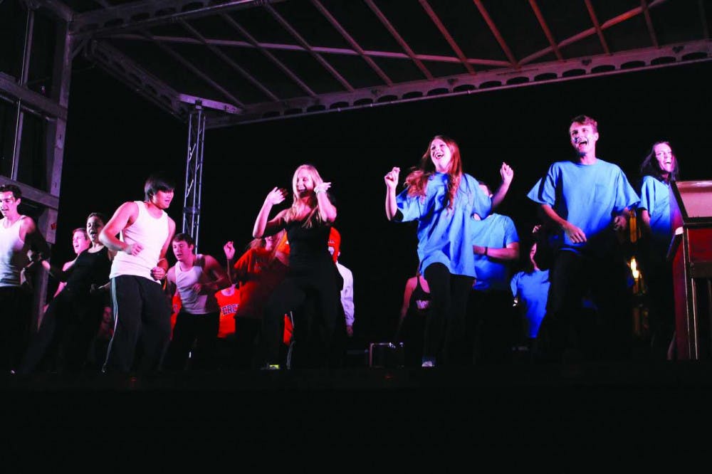 Members of Phi Mu and Pi Kappa Phi dancing for the Lip Sync Competition on Nov. 4.