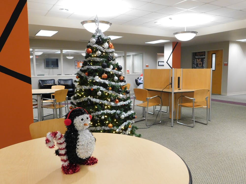 The office of Campus Life is decorated for Christmas as students on campus prepare for finals.