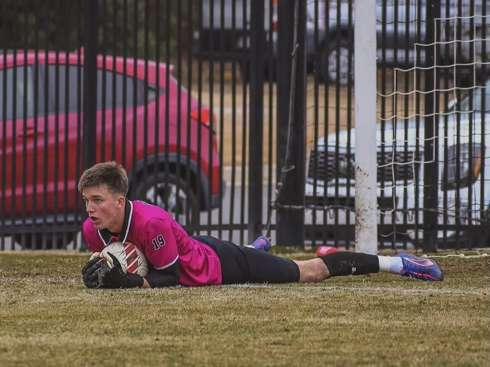 Mercer Goalkeeper Stephen O’Hearn '26 gathers the ball after saving a shot by Virginia Military Institute in February 2025. Media courtesy of Stephen O’Hearn.
