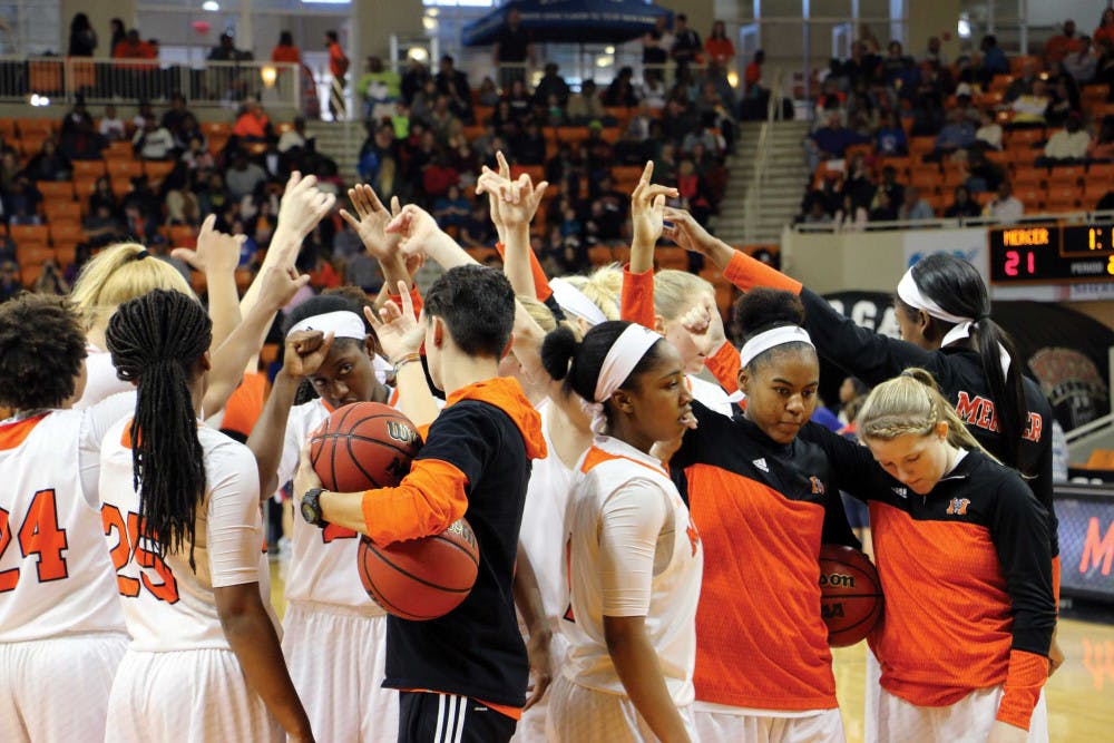 Mercer women’s basketball team break the huddle at their game against Samford University on January 28.