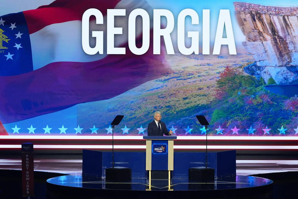 Rep. Mike Collins, senatorial candidate for Georgia, speaks at the Republican convention in Dallas, Wednesday, Sept. 9, 2026. (AP Photo/Tony Gutierrez)