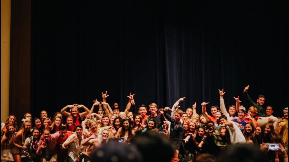 ADPi and Lambda Chi Alpha pose for their championship photo at Mercer University's Lip Sync Competition for Homecoming 2015 on October 19, 2015.