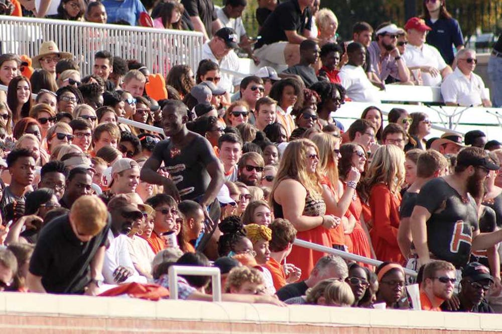 The student section is lively at Mercer University’s 2015 homecoming football game against Virginia Military Institute.