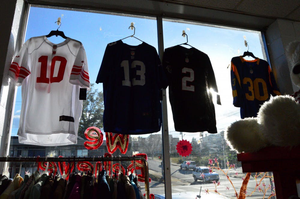 JC Thrift store's jerseys on display.