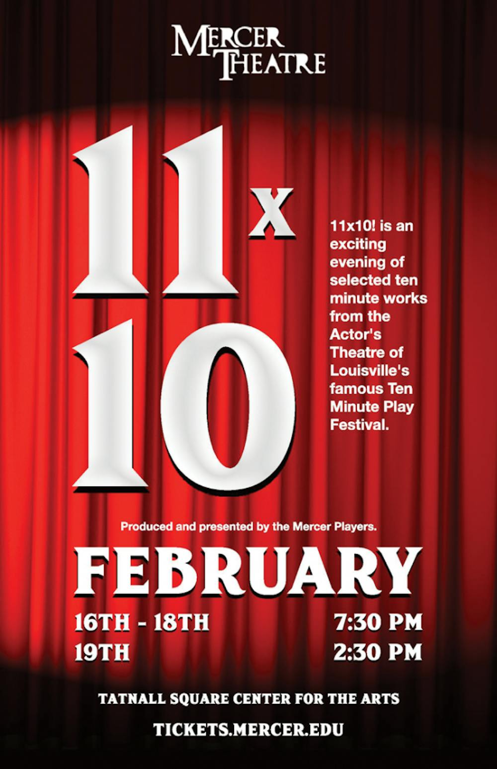 The Mercer Players’ production of “11x10” will feature 11 different 10-minute plays, all directed by members of Mercer’s current Directing class.
