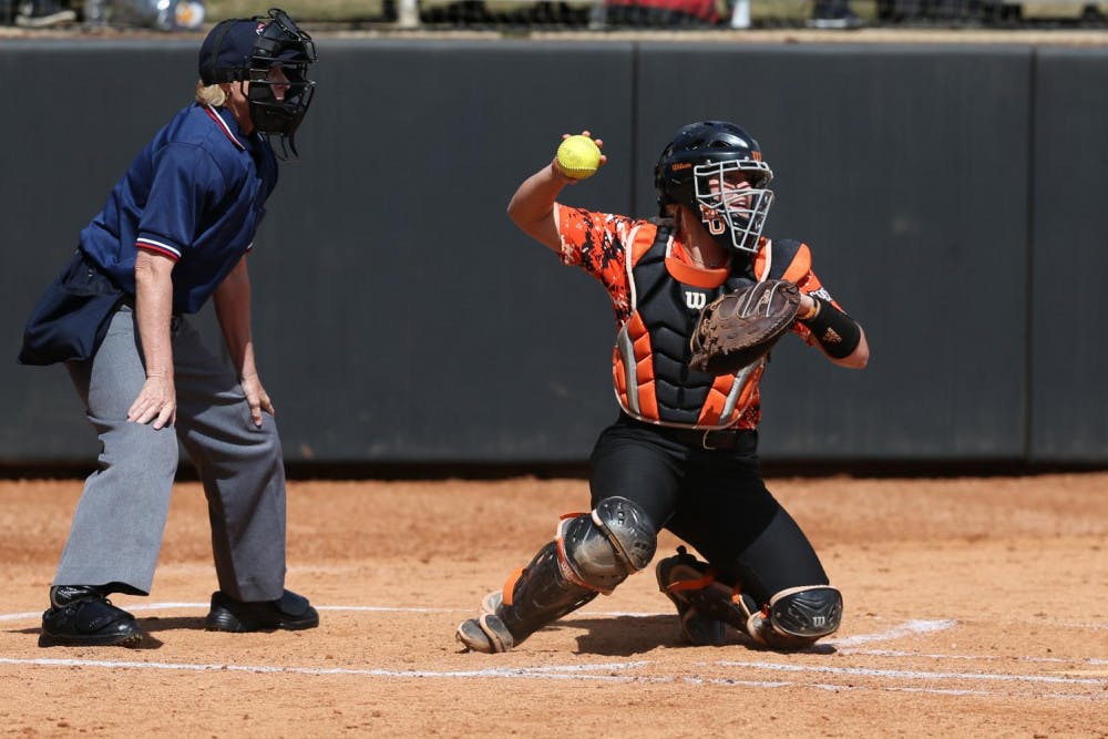 Megan Lane (#0) catching behind the plate. Photo provided by Mercer Athletics.
