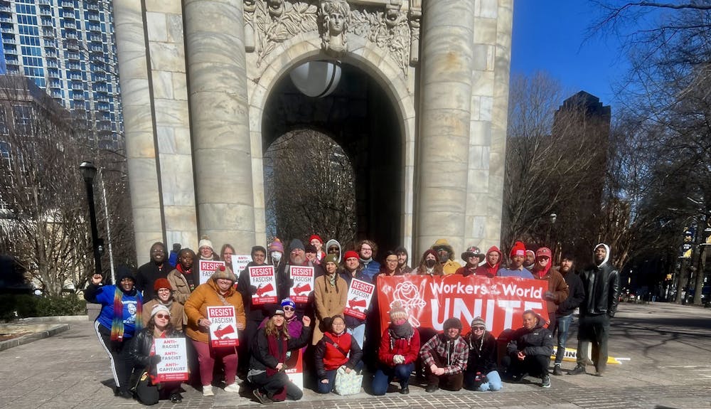 <p>Participants of the Atlanta Democratic Socialists of America&#x27;s Martin Luther King Jr. Day march pose for a photo on Jan. 20, 2025.</p>