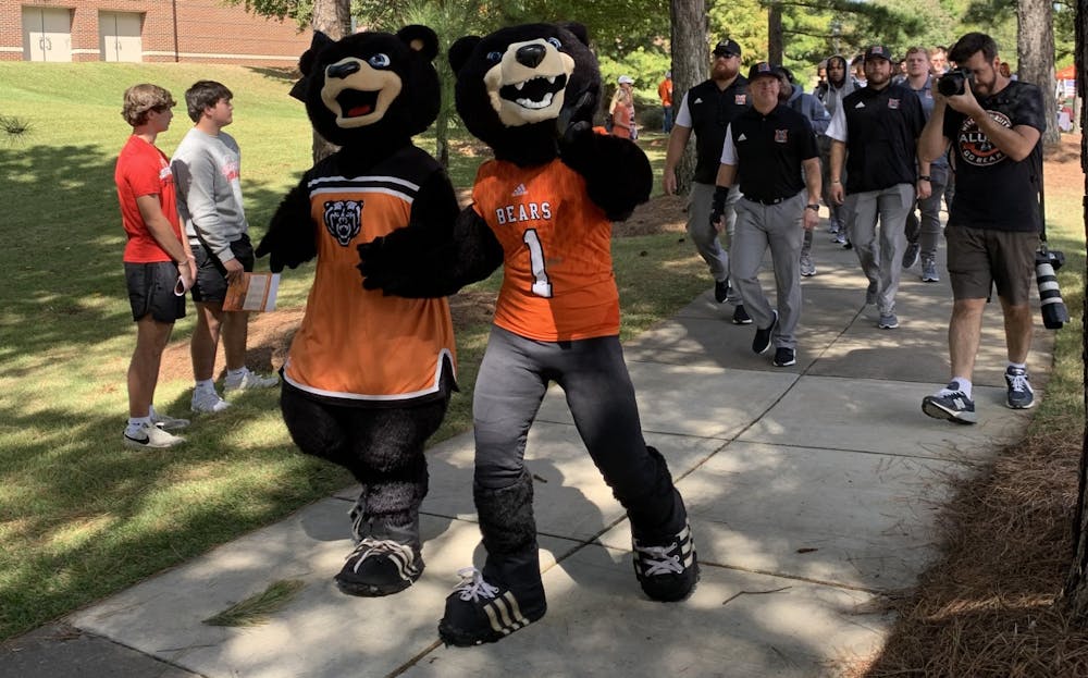 <p>Tot and Toby on the Bear Walk to a football game day in 2023. Photo provided by Seiler Rivers ’24.</p>