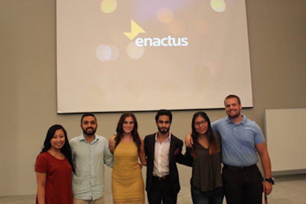 Enactus 2016-2017 Executive Board: Mary Vo, Chirag Datta, Taylor Palmer, Faiz Aly, Erica Manning, and James Bronk. 
