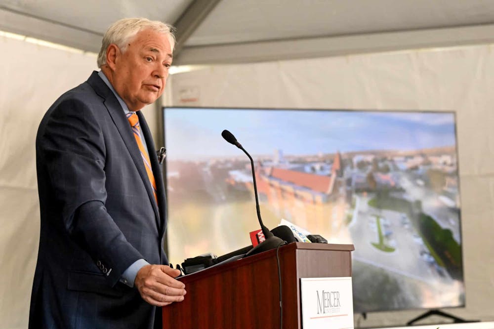 Mercer University President William Underwood speaks at a groundbreaking ceremony Friday morning for the university’s new medical school and multi-use development along Riverside Drive. Photo by Jason Vorhees.