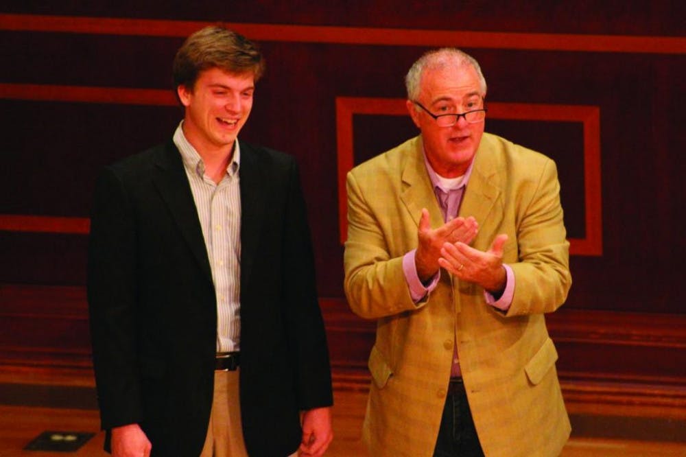 Guest performer and pedagogue Cliff Forbis instructs junior voice major Clay Mote during the master class. Mote sang Ralph Vaughan Williams' "Silent Moon."