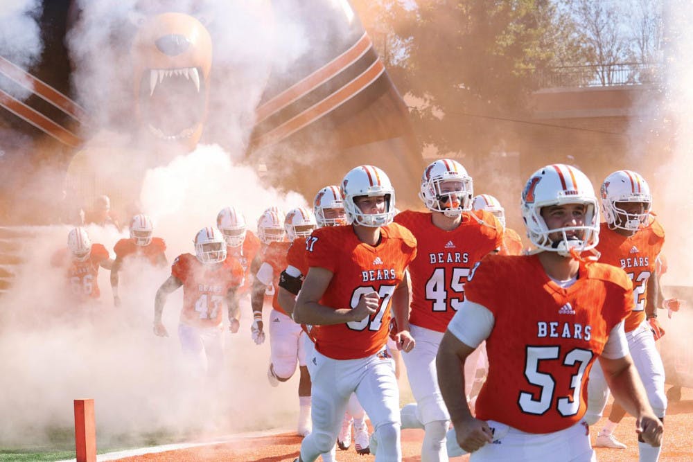 Mercer runs out to face East Tennessee for their homecoming game during the 2018 season.