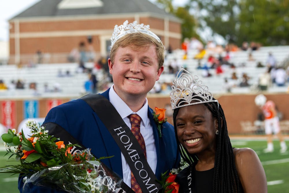 Dalton Loyd '25 and Alisha Mitchell '26 are crowned king and queen at halftime during Mercer's 2024 Homecoming celebration.