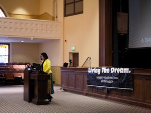 Sheknita Davis gives a keynote address inside Willingham Auditorium.