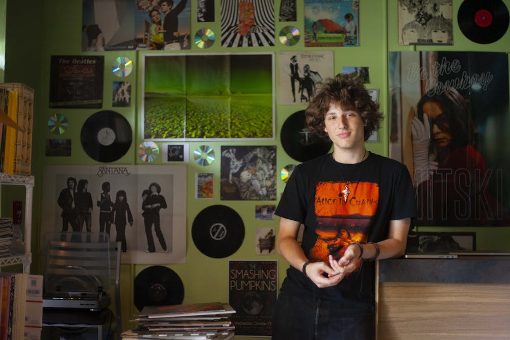 <p>Noah Silver &#x27;26 poses for a portrait in his new record store on Linden Avenue. His success first began on TikTok, where he&#x27;s sold hundreds of records and has the largest following of any record store on the platform.</p>