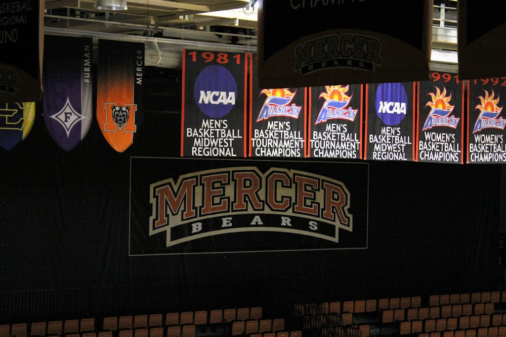 Championship banners hang from the rafters of Hawkins Arena, the site of Mercer men's basketball, women's basketball and women's volleyball.