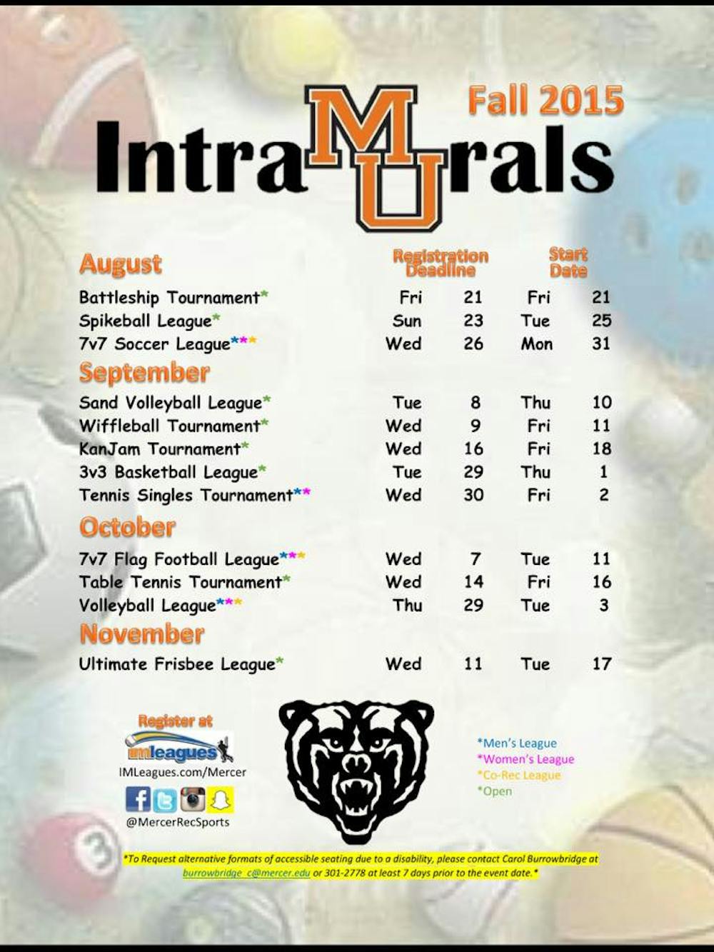 Mercer Intramural schedule for Fall of 2015