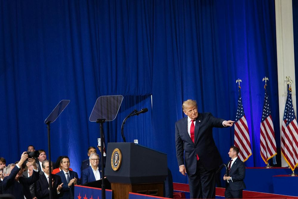 President Donald Trump points to the crowd during a rally at the Guardian Centers in Perry, Ga. on Saturday, Oct. 24, 2026. The visit marked Trump’s first return back to Middle Georgia since his 2024 campaign.