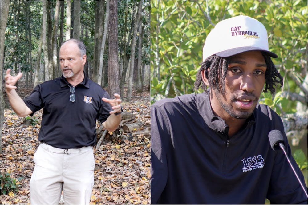 <p>Doug Thompson and Michael Williams &#x27;23, a communications and media studies major, speak about the slaves buried behind the Penfield slavery in Penfield, Georgia in 2022.</p>