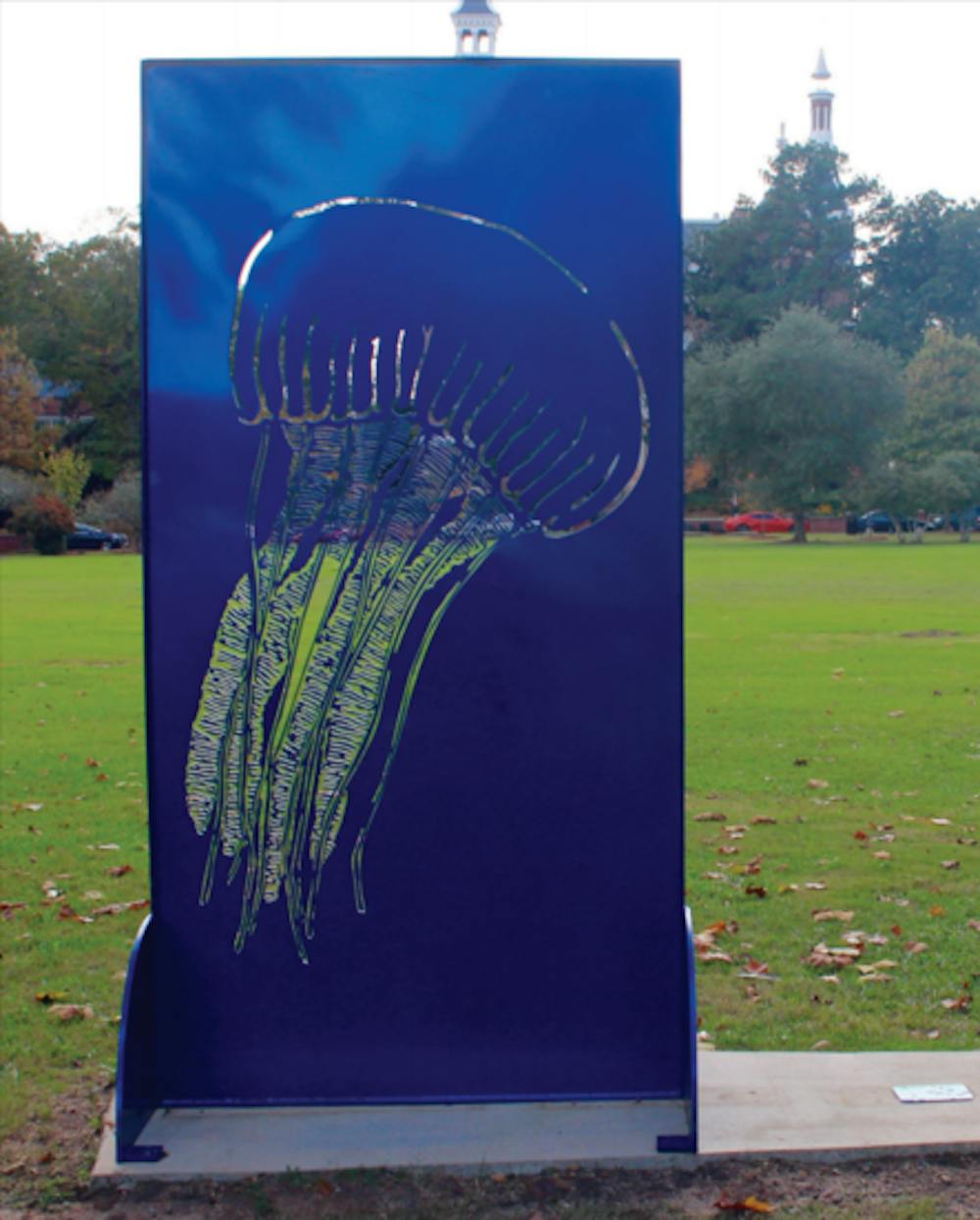 “Dance of the Jellyfish” by Jenny K. Hager-Vickery stands in Tattnall Square Park alongside other public art.