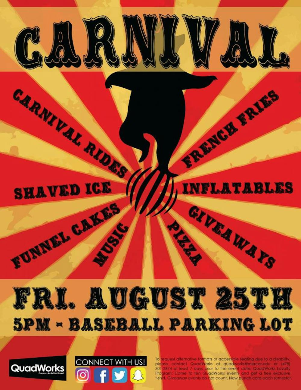 The carnival will feature ride, music and food according to the flyer created by Quadworks.