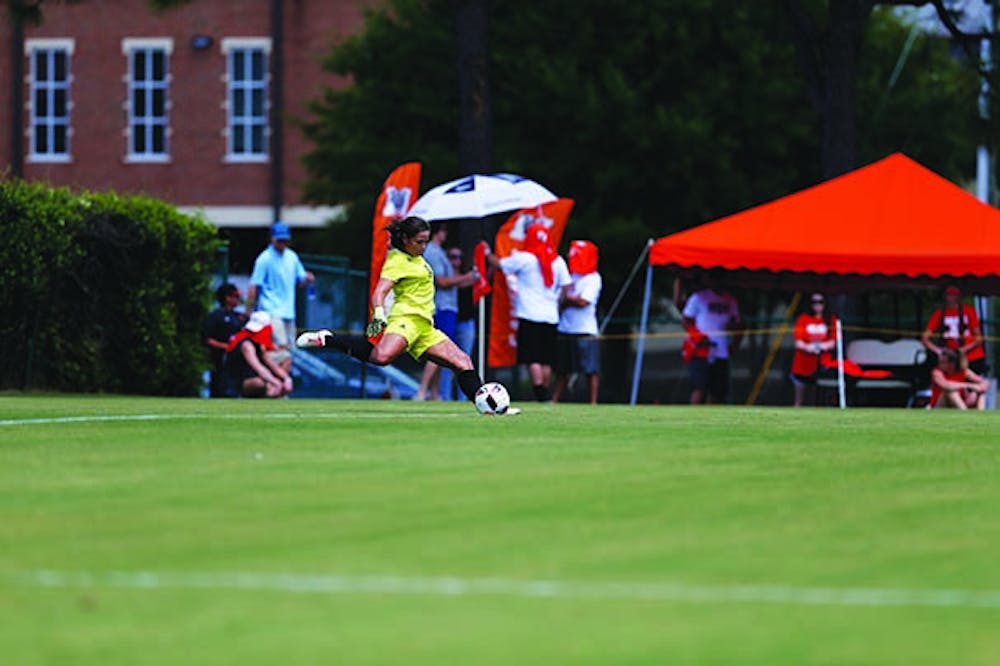 Cristina Mursuli kicking the ball out of the goal zone at the Women's Soccer match against Oklahoma State on August 21s.