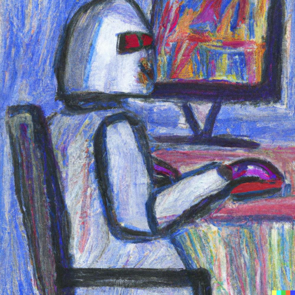 This image was created with DALL·E 2 with the prompt, "pastel painting, robot sitting at a desk typing at a computer."