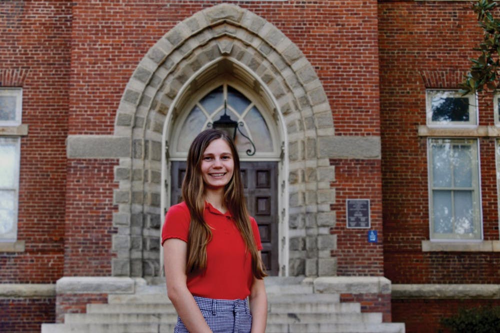 Carolyn Cafro, a new Honor Council Chief Justice, poses by Willingham Chapel Feb. 25.