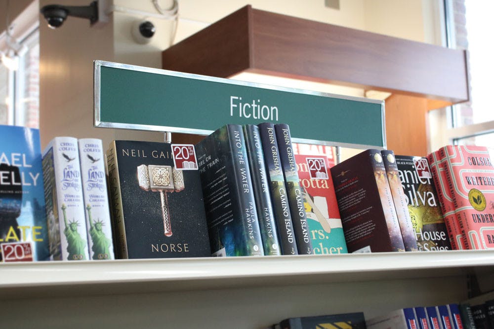 The fiction section of the Mercer Bookstore. 
