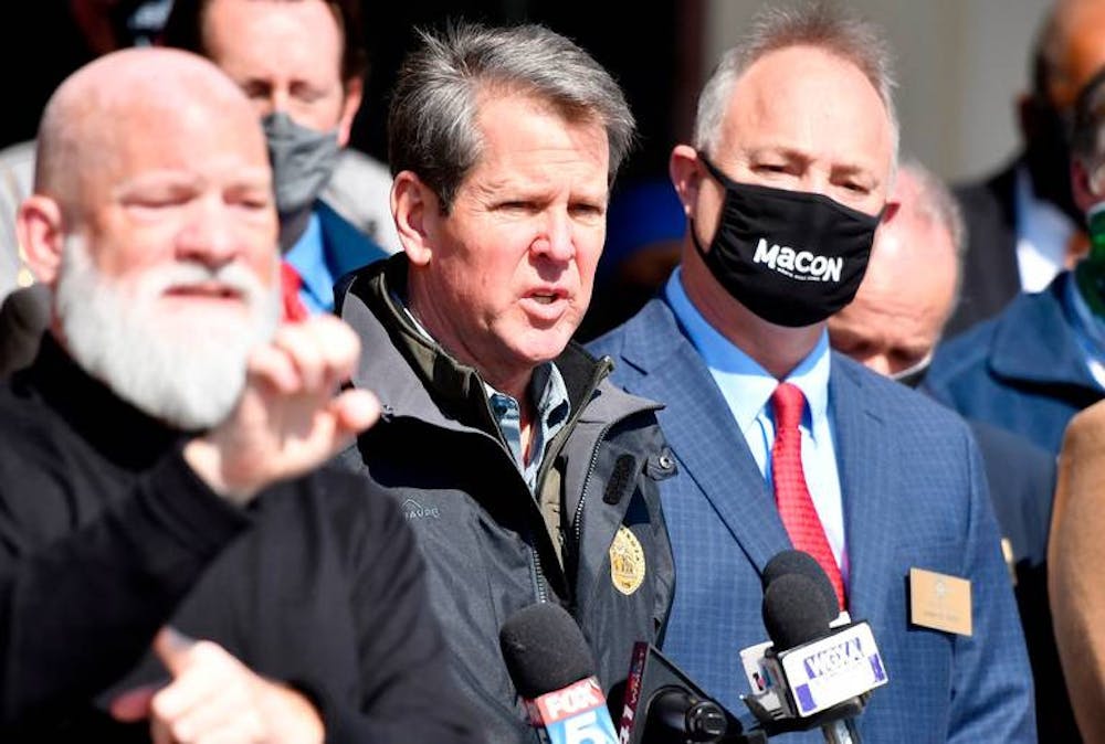 Georgia Governor Brain Kemp speaks to the media after touring the GEMA/HS Mass Vaccination site at the State Farmers Market in Macon Friday. Photo provided by The Macon Telegraph. (Jason Vorhees, jvorhees@macon.com)