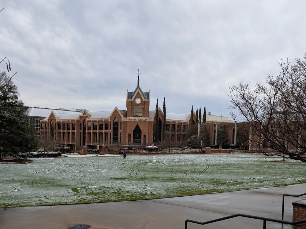 Cruz Plaza and Tarver Library are dusted with snow on Jan 18, 2026.
