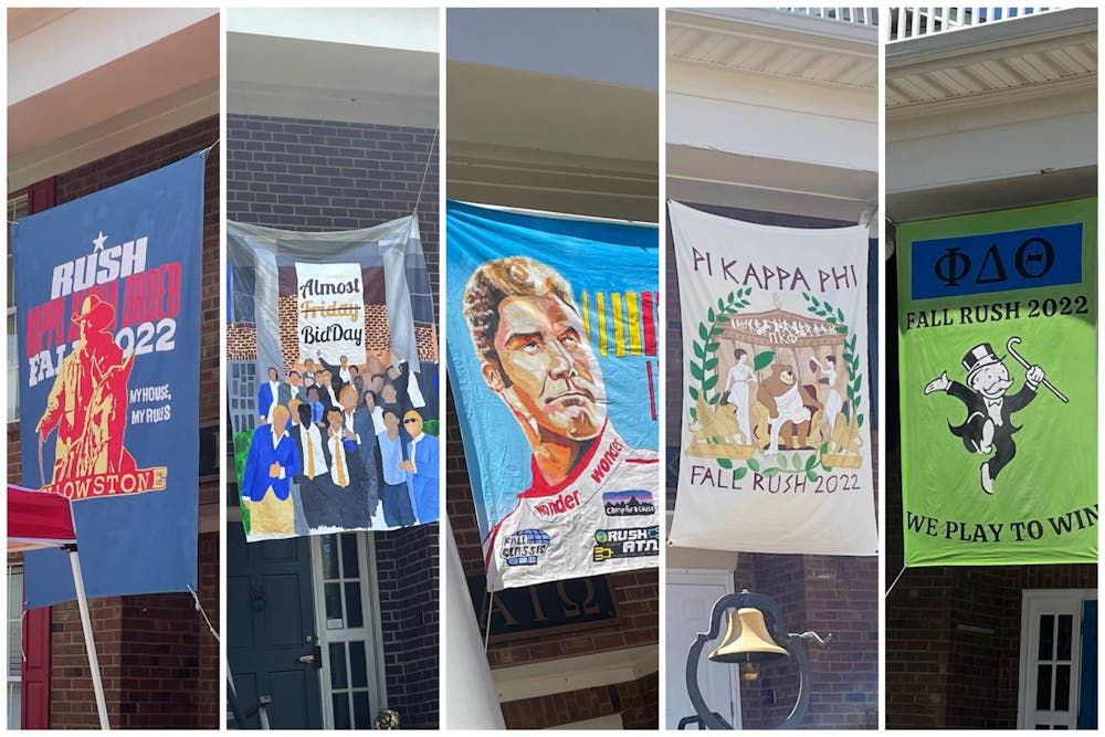A sample of the IFC banners adorning houses in Greek Village for fall recruitment.