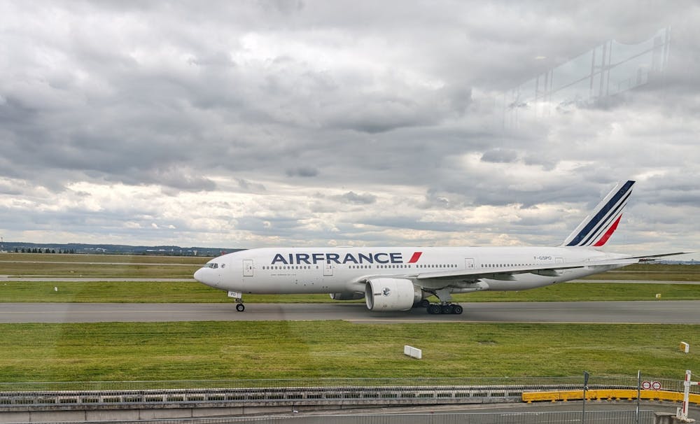 An airplane departs from the Charles de Gaulle international airport in Paris in May 2024.