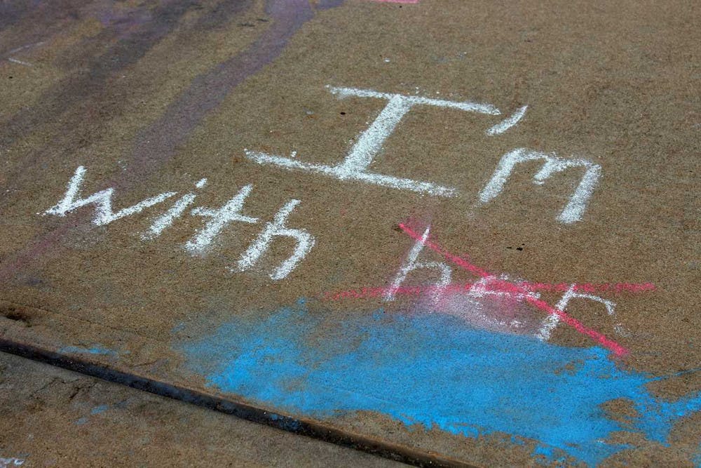 Political slogans and candidate names were written in chalk on the University Center steps last Thursday. "To avoid shying away from controversial conversations or allowing them to get out of hand, we must respect everyone an their views."