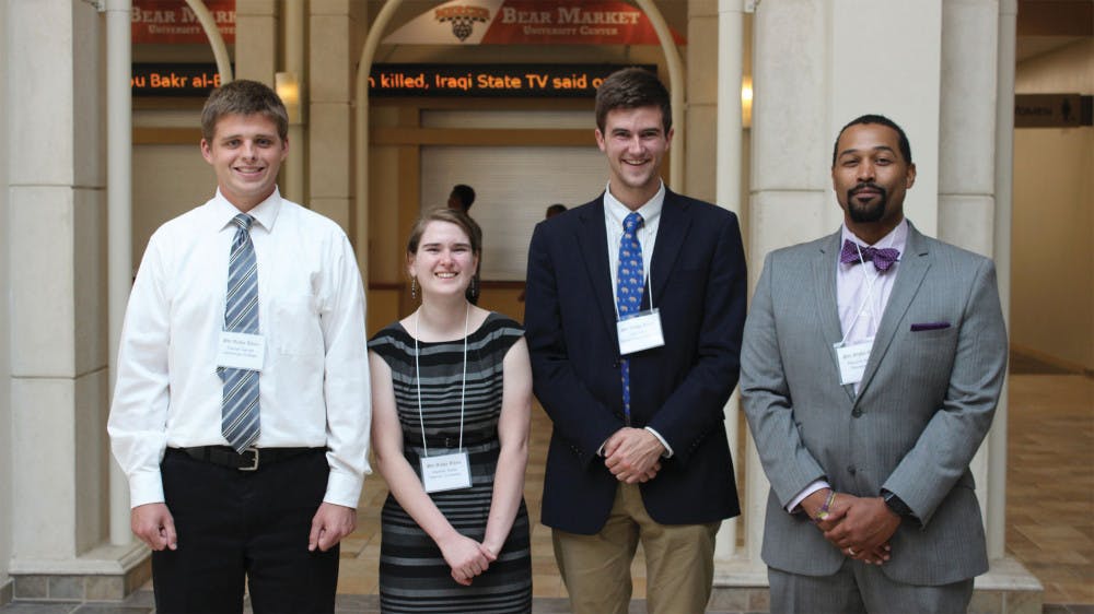 Students who presented at the Phi Alpha Theta Honor Society conference are listed
from left to right: Daniel Garrett (LaGrange), Hannah Keller (Mercer), Kevin Morris
(Georgia College & State) and Professor Maurice Hobson (Georgia State).