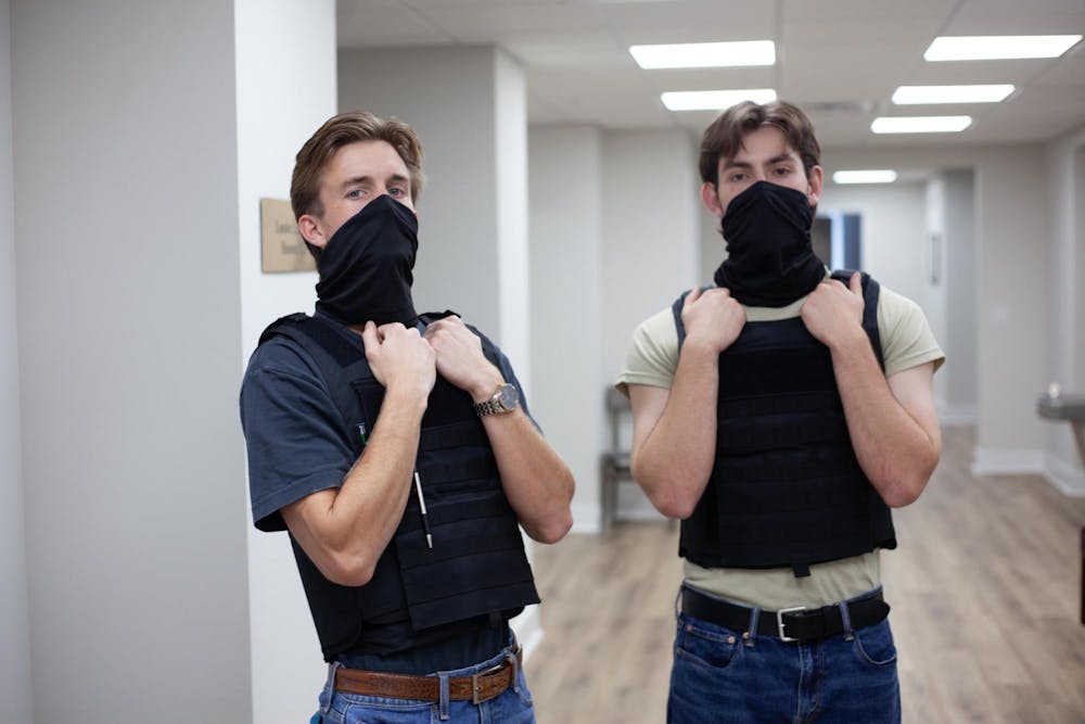 Stephen O-Hearn (left) in costume for his role as an undercover agent, on set for an upcoming short film in Georgia. Photo provided by Stephen O'Hearn.