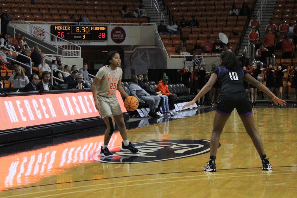 Talia Harris '28 runs point against Furman University on Jan. 25, 2025. The true freshman has started every game for the Bears since Nov. 30, 2024.