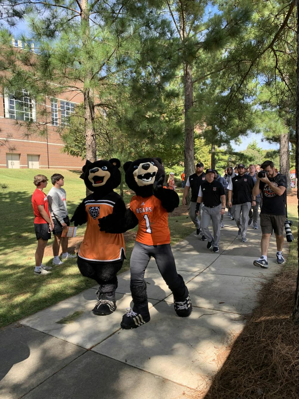 Tot and Toby on the Bear Walk on a football game day in 2023. Photo provided by Seiler Rivers ’24.