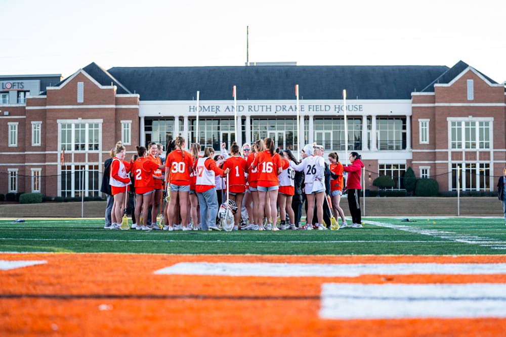 The women's lacrosse team groups up during a practice on Feb. 2. 