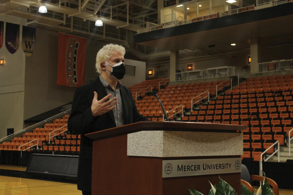 Mercer Professor of English Andrew Silver speaks to prospective Mercer students in Hawkins Arena Jan. 22.