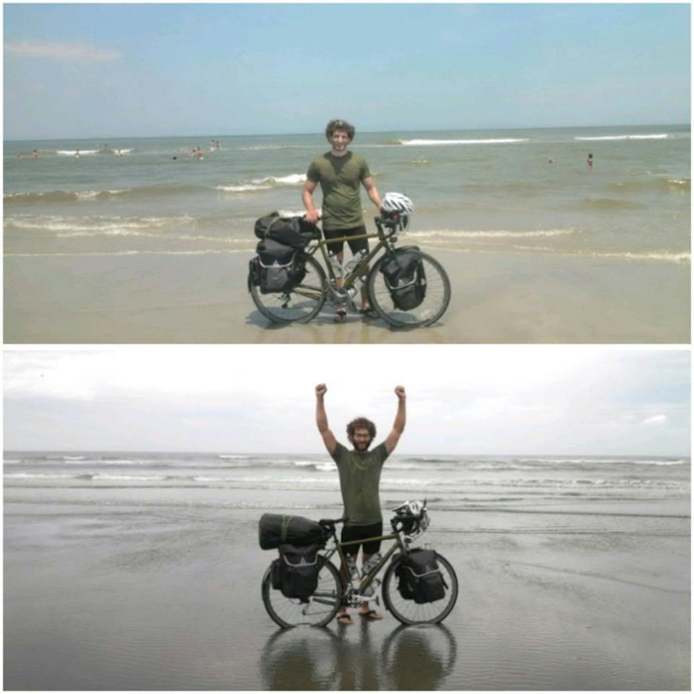 The picture at the top shows Ayoub at the beginning of this trek on the east coast. Bottom picture shows Ayoub at the end of his journey on the west coast in Oregon. 