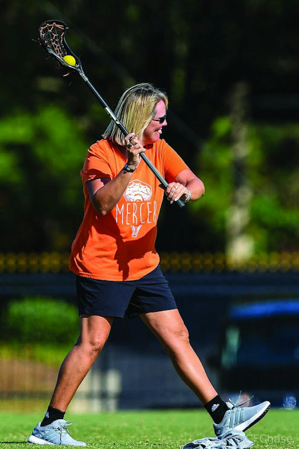Mercer Women's Lacrosse Head Coach Samantha Eustace shows she's still got it. Photo provided by Mercer Athletics.