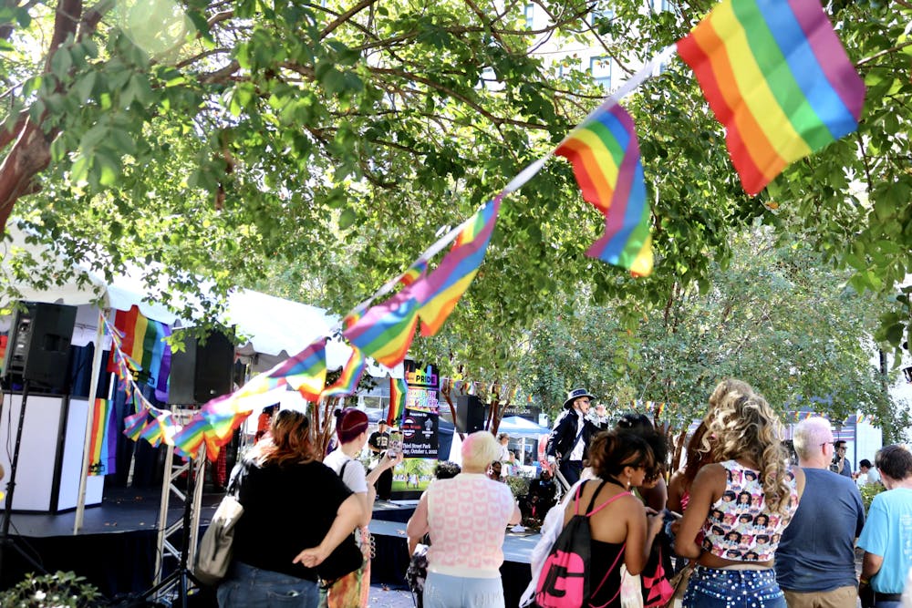 Pride Flags fly above Macon's 2022 Pride in the Park festival.