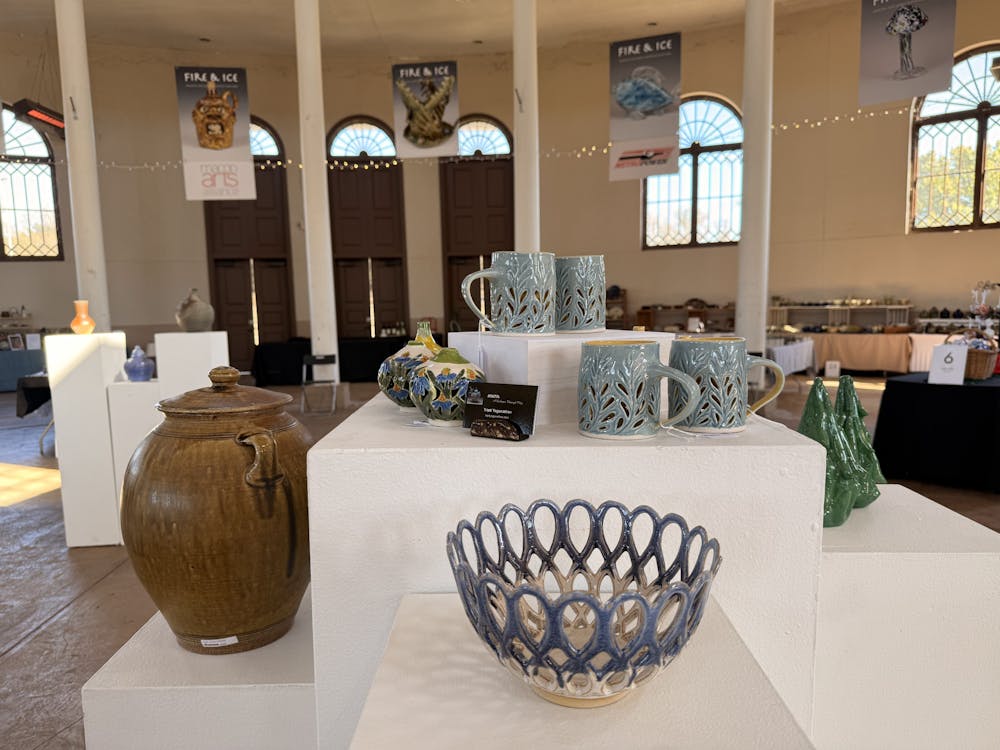 A variety of ceramic and glass pieces are available for purchase at the Fire & Ice Festival in Macon's Carolyn Crayton Park, which will run until Nov. 22, 2025.