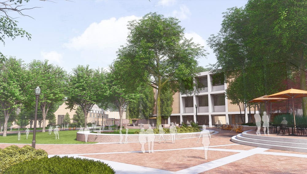 A rendering of the finished construction on College Street displays a circular green space, brick walkways, and seating areas for students to enjoy.