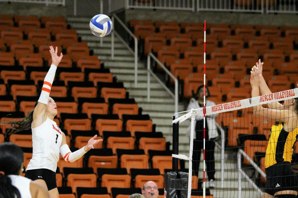 Charlotte Thompson '29 spikes the ball in a game against Kennesaw State University on Sept. 2. 
