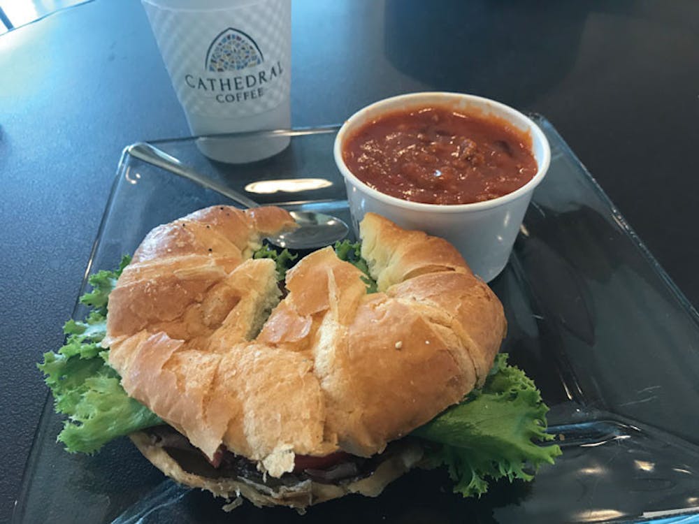 Cathedral Coffee offers several lunch combos that include a drink, sandwich, and cup of soup. Photo by Peter Garcia.
